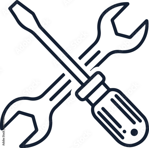A crossed wrench and screwdriver icon, symbolizing repair and maintenance services, isolated on a white background