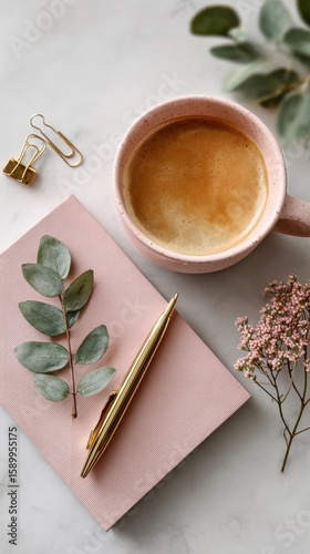 Warm Coffee on a Cozy Table With a Journal and Greenery for a Peaceful Moment.