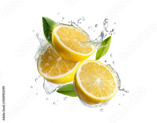 Set of fresh delicious lemons splashing with leaves, cut out png On Transparent background.
