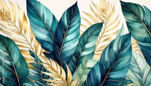 A vibrant arrangement of tropical leaves in teal and gold