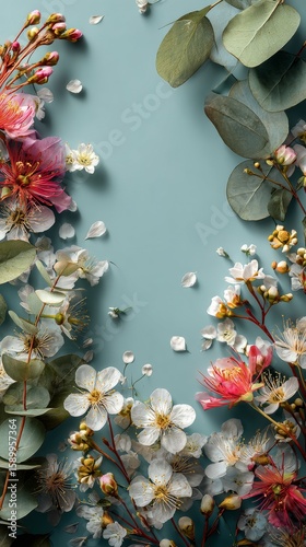 Beautiful Arrangement of Delicate Flower Petals and Leaves on Soft Blue Backg...