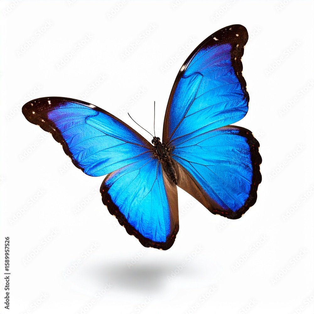 Fototapeta premium Blue morpho butterfly with iridescent wings fully spread on white background