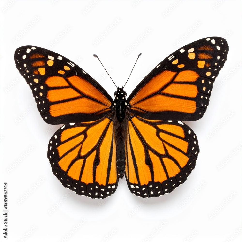 Fototapeta premium Monarch butterfly with vibrant orange and black wings on white background