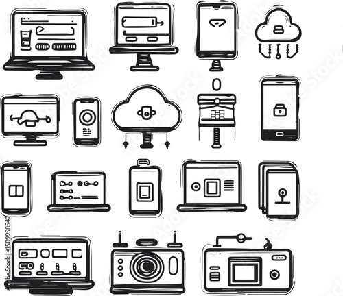 17 line art icons in black and white representing technology and digital devices?like computer, mobile, tablet, cloud, settings, CPU, folder, camera, and server.eps