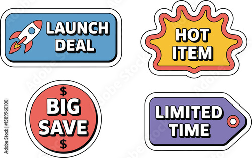 Vector sale stickers launch deal hot item big save limited time offer promotion discount marketing shop now