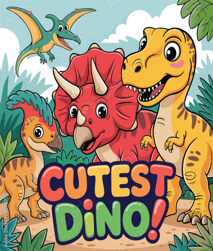 Cute Cartoon Dinosaurs Illustration with "Cutest Dino" Text for Kids