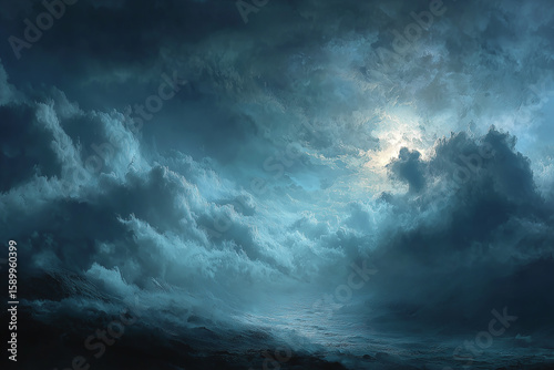 Dramatic clouds and ocean waves at twilight create a mysterious atmosphere over the sea