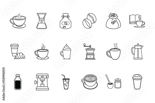 Collection line art icons for coffee breakfast items latte cappuccino