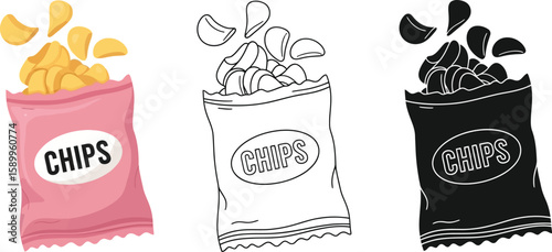 Chips bag vector illustration set snack potato chips drawing chips packaging food illustration