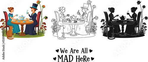 Alice in wonderland tea party illustration vector art for kids coloring page and graphic design projects