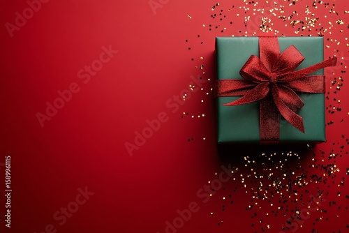 Festive Green Gift Box With Red Ribbon on Red Background Surrounded by Gold C...