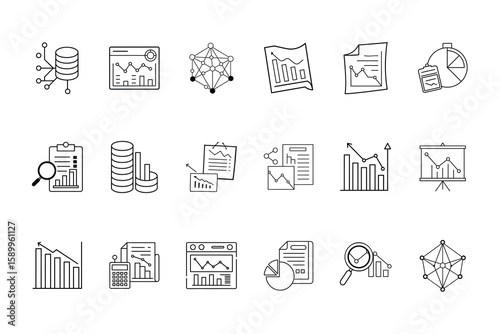 Collection line icons representing data analysis statistics chart graph