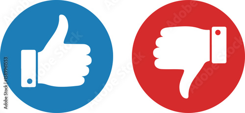 A split image showing a blue circle with a white thumbsup and a red circle with a white thumbsdown, representing choices and opinions