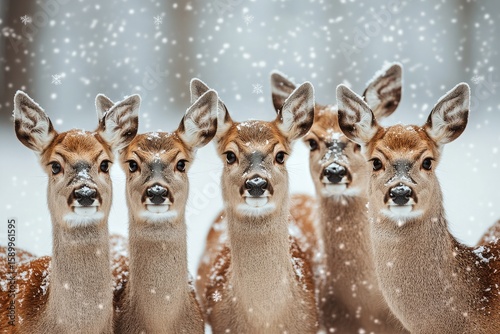 Group of Deer in Snowy Forest During Wintertime With Falling Snowflakes