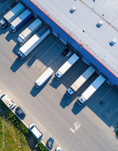Aerial view of trucks parked at a warehouse