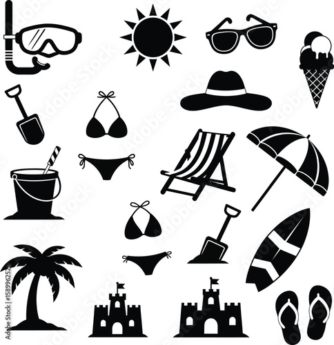 Simple Black and White Summer Vacation Icon Set