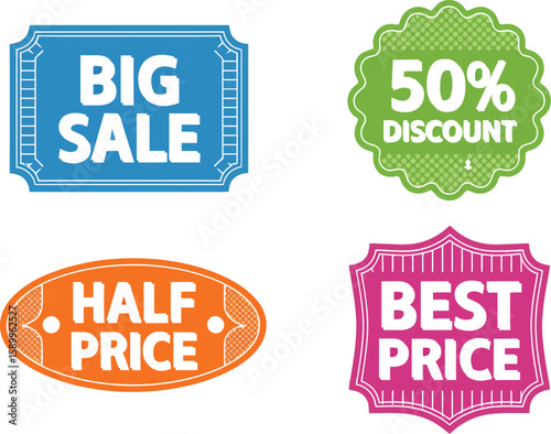 Sale discount promotion vector design set with big sale half price and best price fifty percent off
