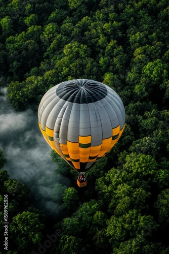 Colorful Hot Air Balloon Floating Over Dense Forest During Early Morning Hours