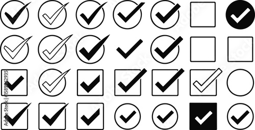A collection of various checkmark icons in different styles and containers, signifying completion and correctness