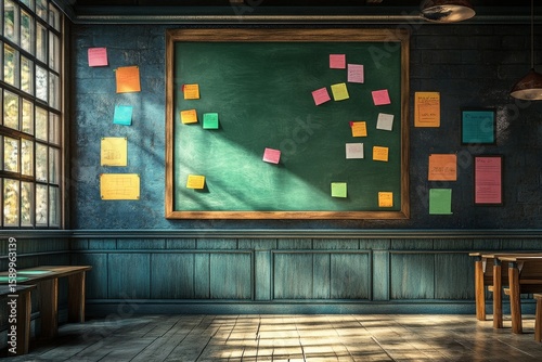 Creative Workspace With Colorful Sticky Notes on a Chalkboard at Midday