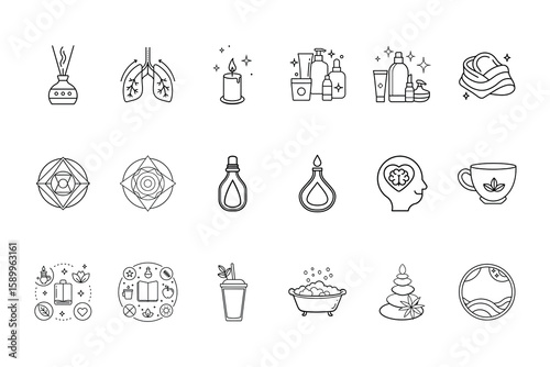 Wellness icons bundle with spa bath candle lungs aromatherapy diffuser vector