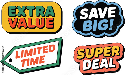 Promotional sale vector design elements with extra value super deal limited time and save big stickers set