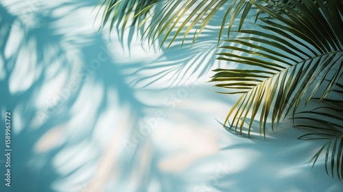 Shadows of Palm Leaves Cast on a Turquoise Wall Create a Serene Tropical Atmosphere