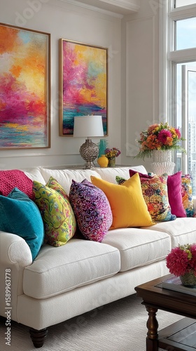 Colorful Living Room With Vibrant Cushions, Floral Arrangement, and Bright Ar...