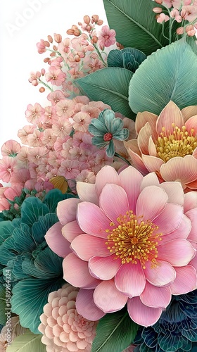 Colorful Floral Arrangement With Various Flowers and Greenery on a White Back...