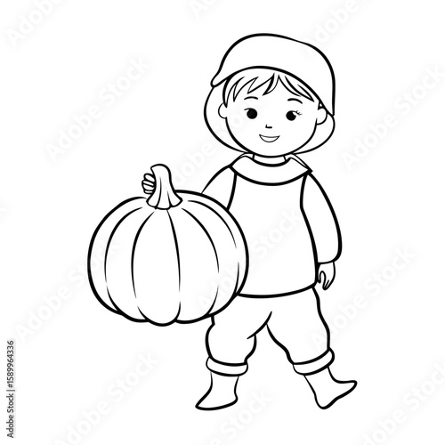 Young child carrying a pumpkin and smiling in autumn attire  