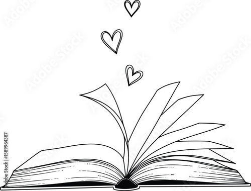 An open book with hearts, symbolizing love of reading.