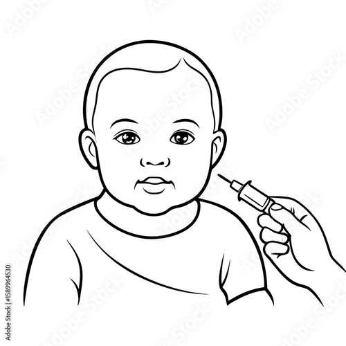 Baby receiving vaccine injection from doctor's hand in black and white  