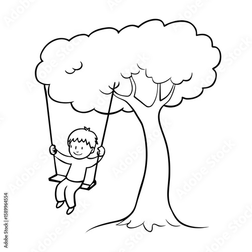 Young boy swinging on a tree swing under leafy tree  