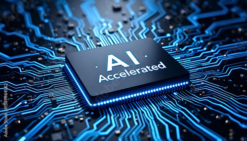 AI Accelerated Microchip on Blue Glowing Circuit Board - High Tech AI