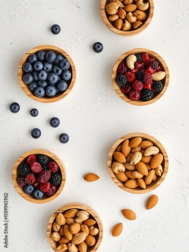 Top down view of wooden bowls filled with assorted healthy snacks on a white speckled surface