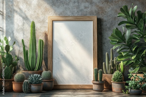Bright Indoor Garden With Empty Wooden Frame and Various Cacti at Midday.