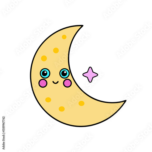 Cute Kawaii Moon with Blushing Cheeks and Star Sparkle