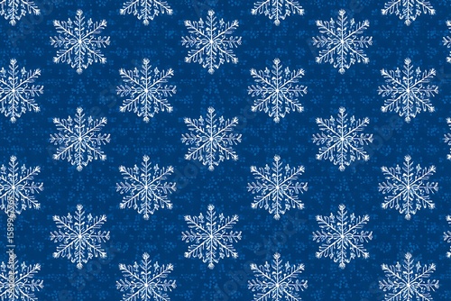 A repeating pattern of white snowflakes on a textured blue background, evoking a wintery, festive, and decorative atmosphere for the holiday season.