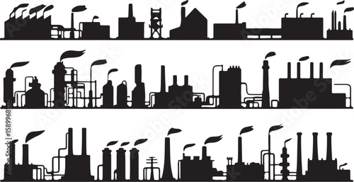 Industrial factory silhouettes with smoke plumes vector