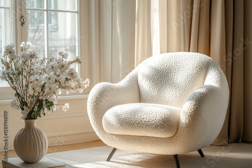 Cozy Modern Chair by Window With Vase and Flowers in Sunlit Room Interior.