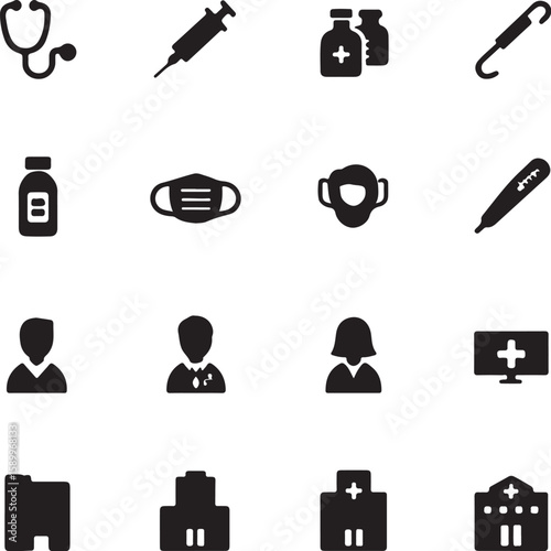 Medical icons stethoscope syringe vials mask thermometer people hospitals vector