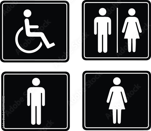 A set of four restroom signs, including symbols for men, women, and accessibility for people with disabilities, displayed on black backgrounds