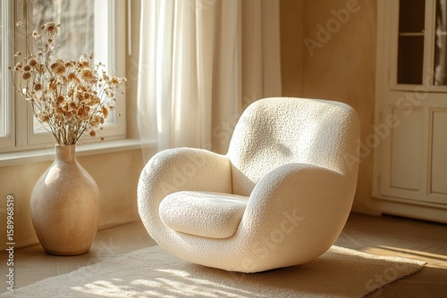 Cozy White Chair Near Sunny Window With Flower Vase in Bright Living Room.