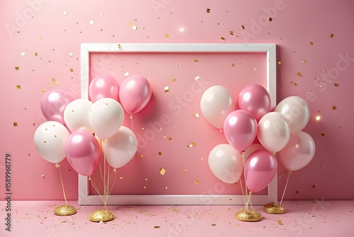 Pink and White Balloons with Gold Confetti on Pink Background