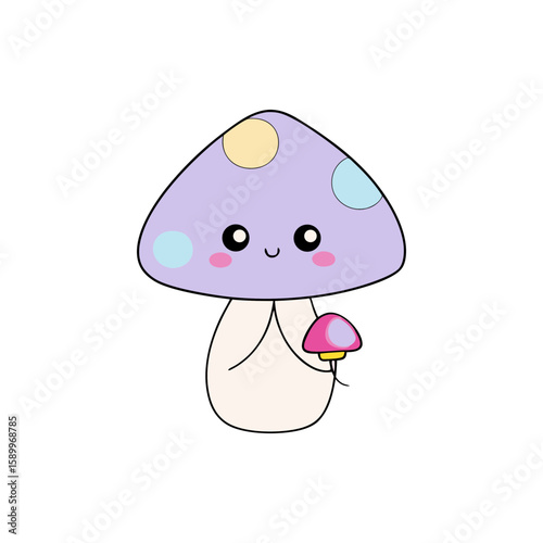 Cute Kawaii Mushroom with Blushing Cheeks and Balloon
