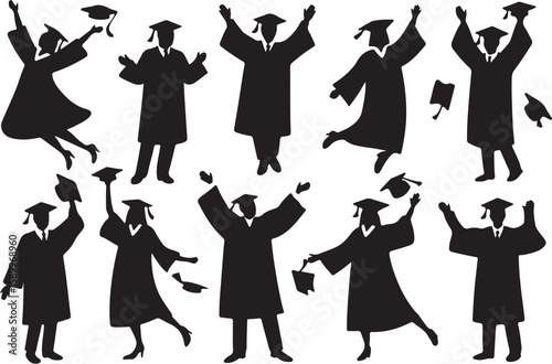 Graduates celebrating tossing caps in air graduation gowns