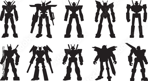 Robotic figures diverse mechanical warrior silhouettes futuristic