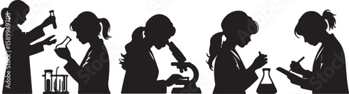 Scientists performing experiments with glassware and microscope science laboratory