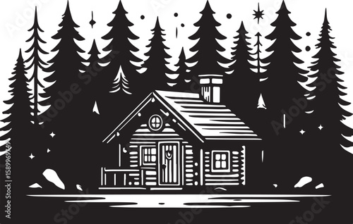 Rustic cabin nestled among pine trees under starry sky forest night