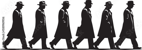 Silhouetted men in hats and coats walking silhouettes